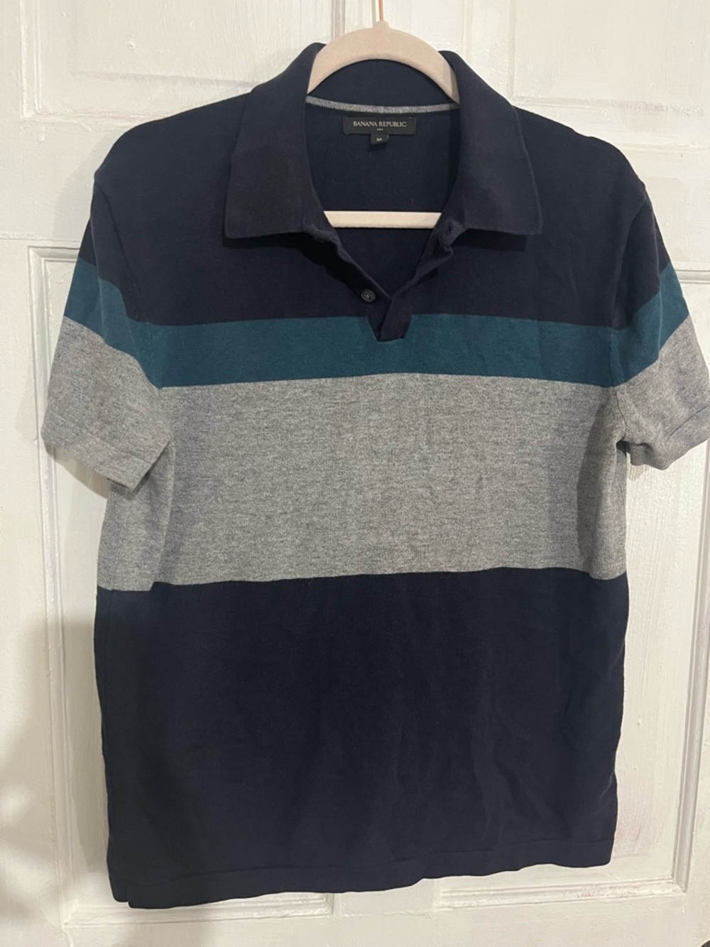 Banana Republic Navy, Teal & Heather Gray Striped Polo